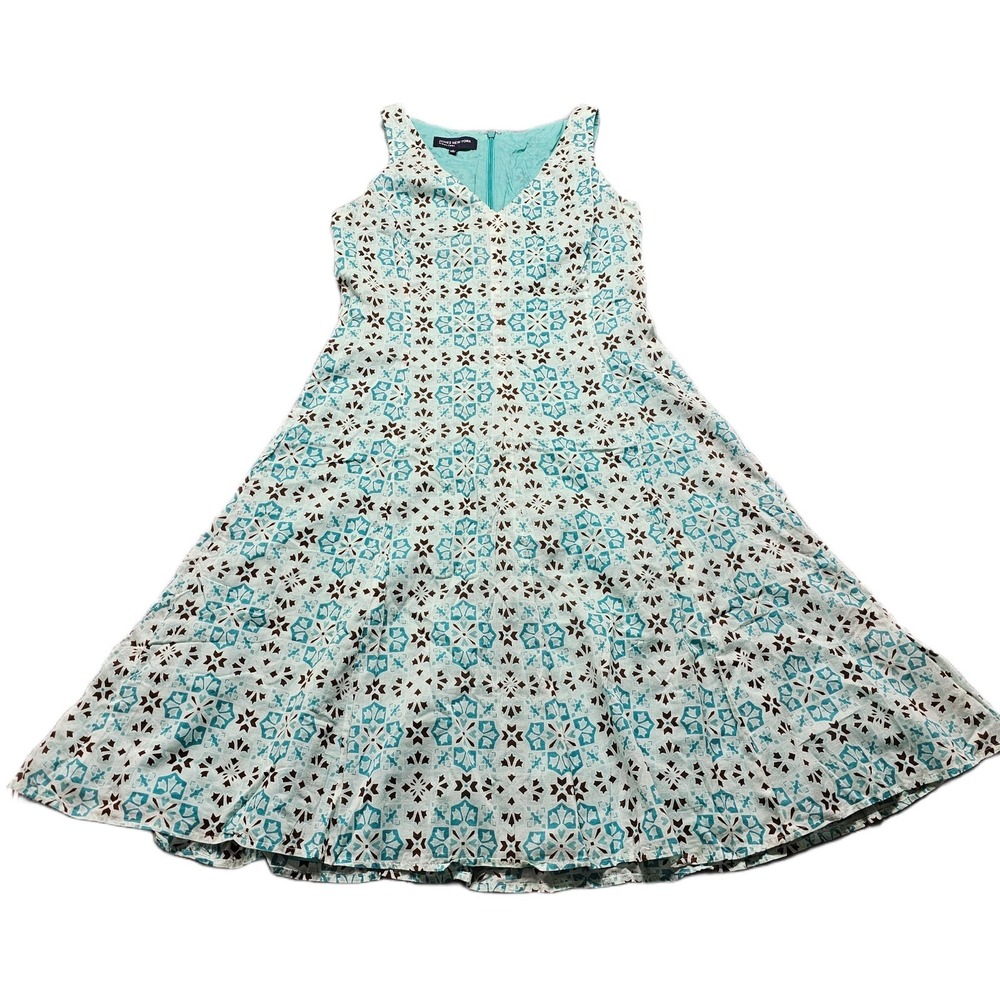 Jones Fit Flare Dress Womens 6 Blue Geometric Tile Print Lined V-Neck Back Zip